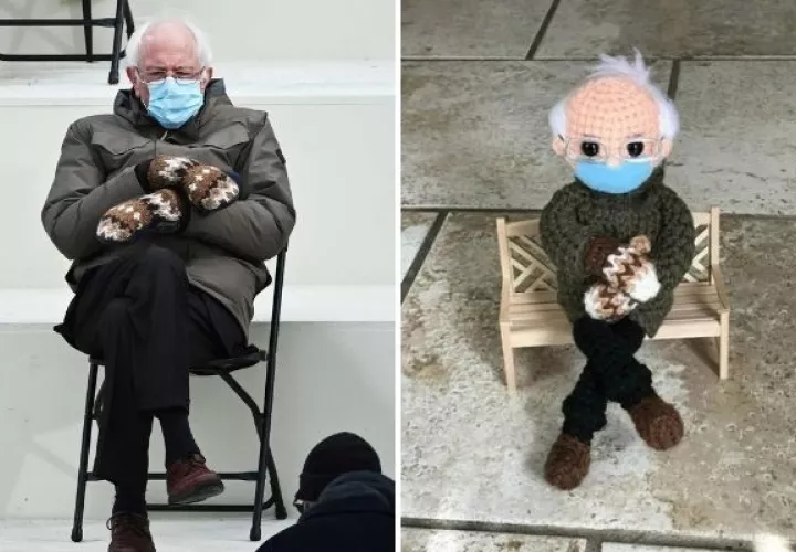 El muñeco de croché inspirado en la famosa foto del senador por Vermont y exaspirante presidencial Bernie Sanders. EFE