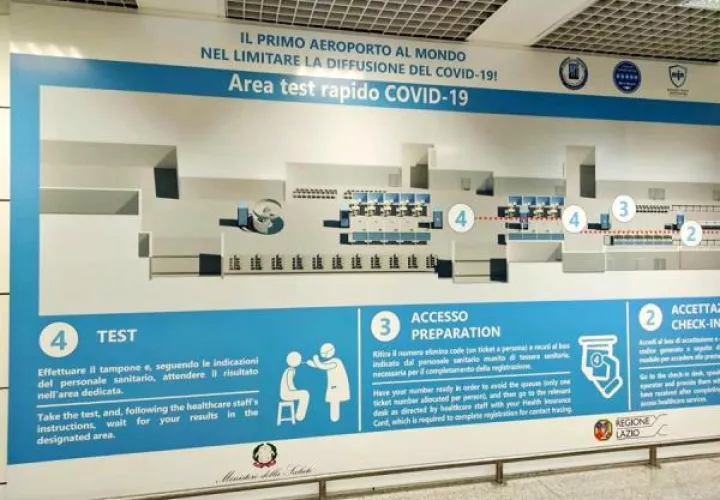 Instrucciones de seguridad anti covid en el aeropuerto internacional Leonardo Da Vinci, en Roma.