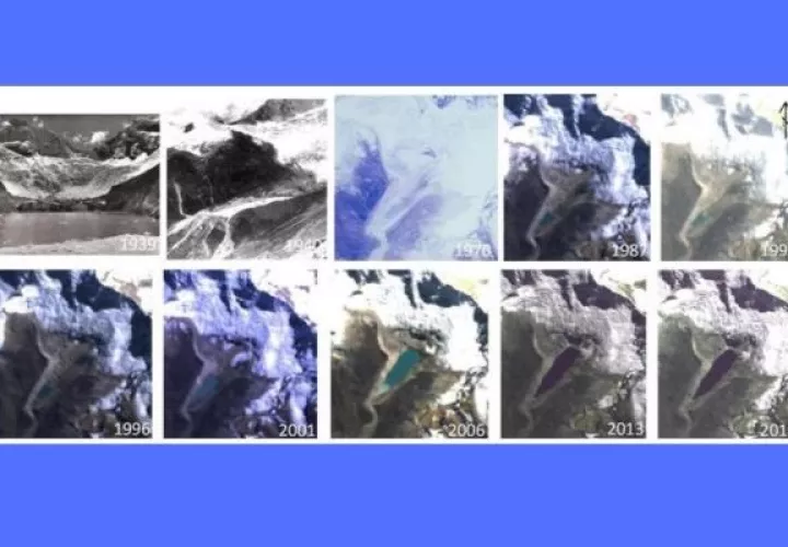 Imágenes de satélite muestran cómo ha crecido el lago Palcacocha a medida que el glaciar Palcaraju ha ido retrocediendo.