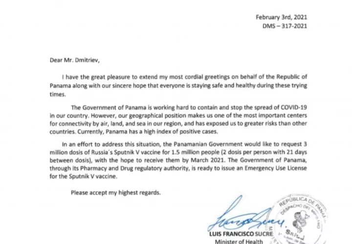 Carta enviada por el ministro Luis Francisco Sucre.