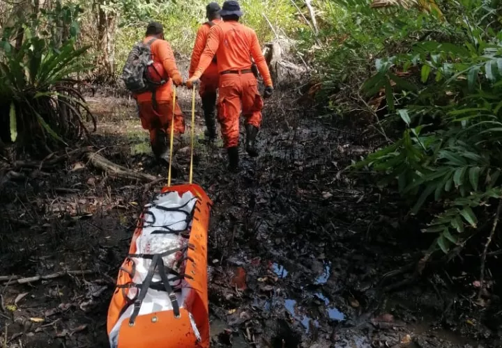 Personal del Sinaproc, utilizando una camilla de rescate, envolvió el cadáver y lo sacó del área. Foto: Diómedes Sánchez 