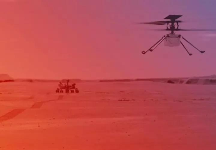 Ilustración cedida este lunes por la NASA que muestra cómo sería un vuelo del helicóptero Ingenuity en Marte. 