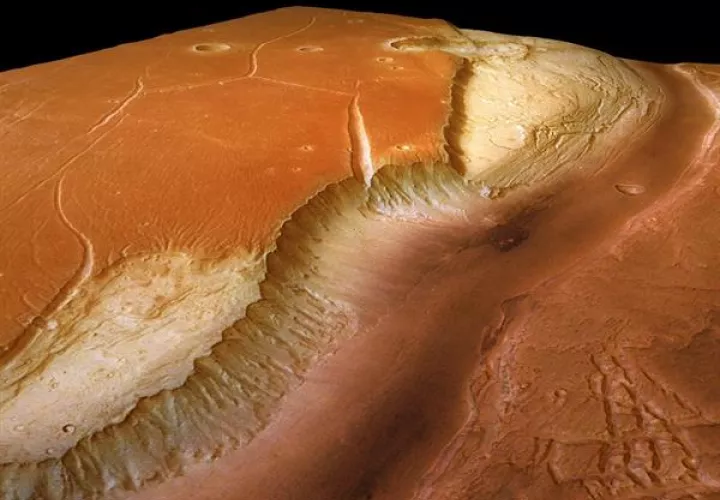 Fotografía de archivo de la nave espacial 'Mars Express' que muestra un gigantesco valle glacial en el planeta Marte.