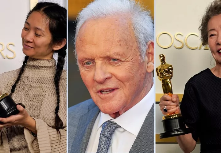 Chloe Zhao, Anthony Hopkins y Yuh-Jung Youn. EFE