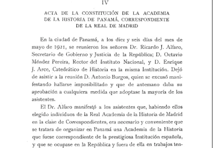 Acta de constitución de la Academia de Historia de Panamá.
