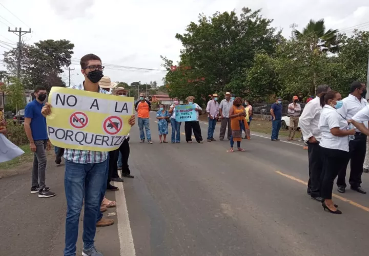 Guarareños se trasladaron a Las Tablas, donde cerraron la vía frente a la sede regional de MiAmbiente. Foto: Thays Domínguez