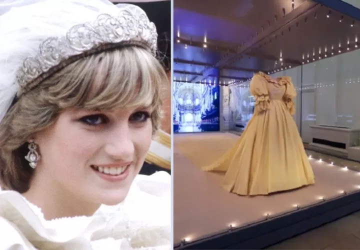 Lady Di el día de su boda y el traje en exhibición. Instagram/EFE