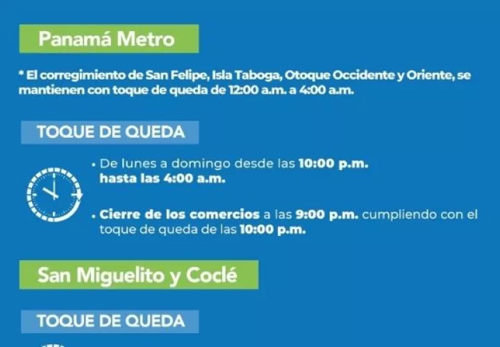 Nuevos horarios de toque de queda en Panamá Metro y San Miguelito.