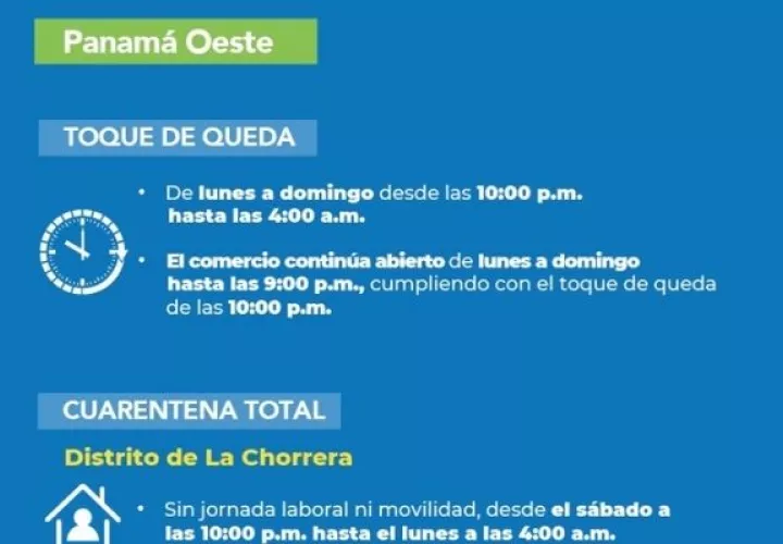 En Arraiján, Capira, San Carlos y Chame se mantiene el toque de queda de 10:00 p.m a 4:00 a.m.