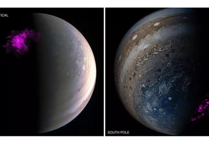 Imágenes de los polos de Júpiter procedentes del satélite Juno de la NASA y del telescopio de rayos X Chandra de la NASA. Imagen: NASA Chandra/Juno Wolk/Dunn
