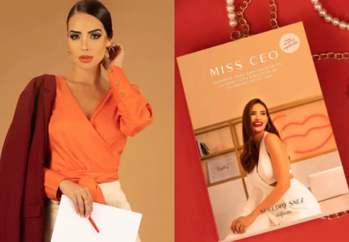 Sheldry Sáez y la portada de su libro 'Miss Ceo'. Fotos: @sheldrysaez