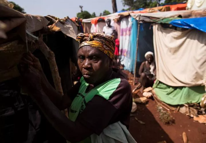 Una mujer asegura una lona sobre unos palos, a modo de vivienda, en un campamento que formaron víctimas del terremoto en Haití. EFE