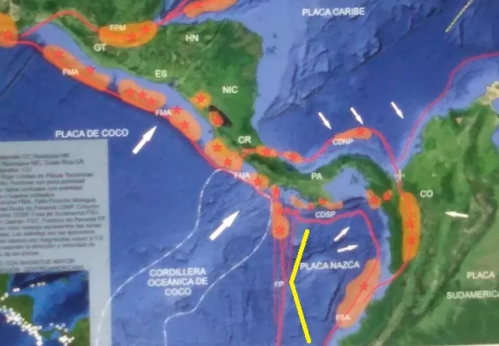 La Zona de Fractura de Panamá (FP) se introduce en tierra firme siguiendo el eje de la península de Burica. Foto:  Cortesía Instituto de Geociencias