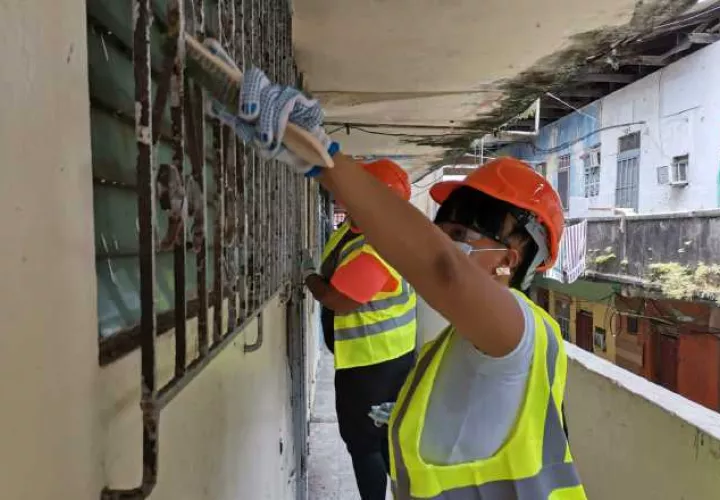 La mujer colonense está participando de la primera parte de la revitalización de los edificios, que consiste en raspar verjas y puertas de hierro para luego pintarlas.