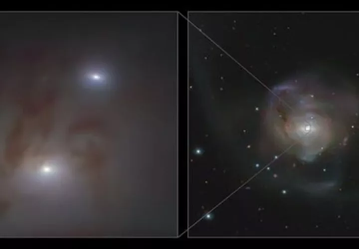 Dos núcleos galácticos brillantes, cada uno de los cuales alberga un agujero negro supermasivo. EFE