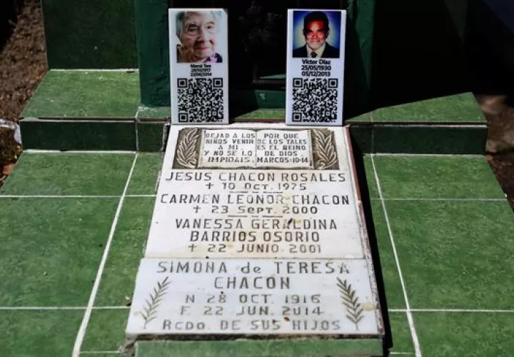 Vista de una tumba familiar con códigos QR que contienen información sobre los fallecidos en el Cementerio General de San Salvador (El Salvador). EFE