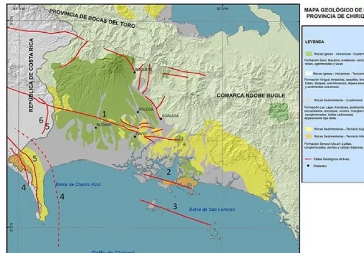 Principales  fallas  activas  de  Chiriquí,  Suroeste  de  Panamá (adaptado de Cowan et al., 1998) en donde semuestran la Zona de Falla Longitudinal  (1),  Zona  de  Falla  Boca  Chica  (2),  Zona  de  Falla  de  las Paridas  (3),  Zona  de  Fractura  de  Panamá  (4),  Falla  Media  (5),  Falla Canoas (6). Foto: Revista Tecnociencia