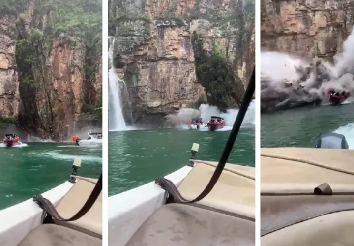 La enorme roca cayó sobre tres embarcaciones, dos de las cuales fueron sepultadas por completo. Foto: Captura del video