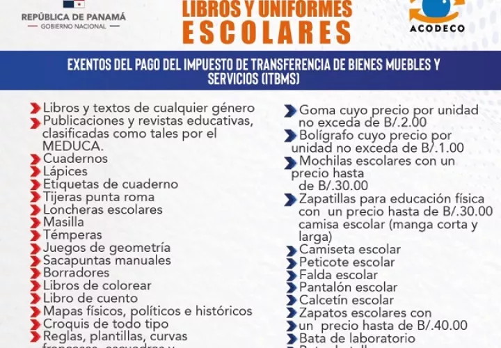 La Acodeco manifestó que se  mantiene vigilante de que los letreros que contienen el listado de útiles exentos del impuesto, se mantengan a la vista de los consumidores en los comercios a nivel nacional.