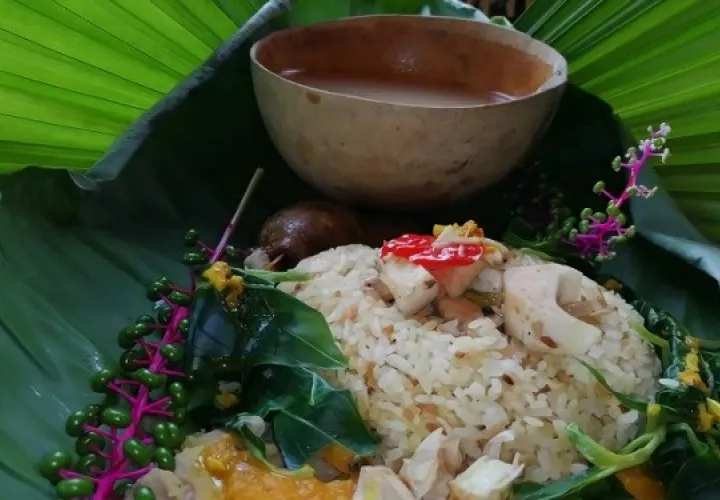Palmitos, jirca, puré de zapallo, puré de guineo, arroz nuevo, jirca de zapallo, cogollo, carne de res ahumada y fermentado de maíz. Foto: Cortesía