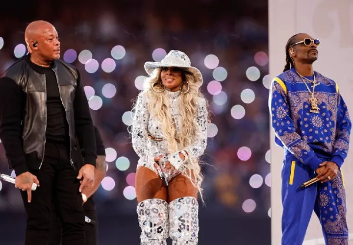 Dr. Dre, Mary J. Blige y Snoop Dogg. Foto: EFE / John G. Mabanglo