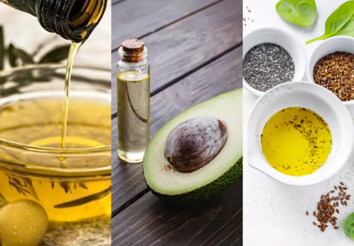 Aceite de oliva, aguacate y linaza. Fotos: Ilustrativa / Pixabay / Freepik
