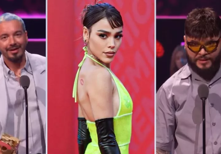 J Balvin, Danna Paola y Farruko en la gala. Foto: EFE