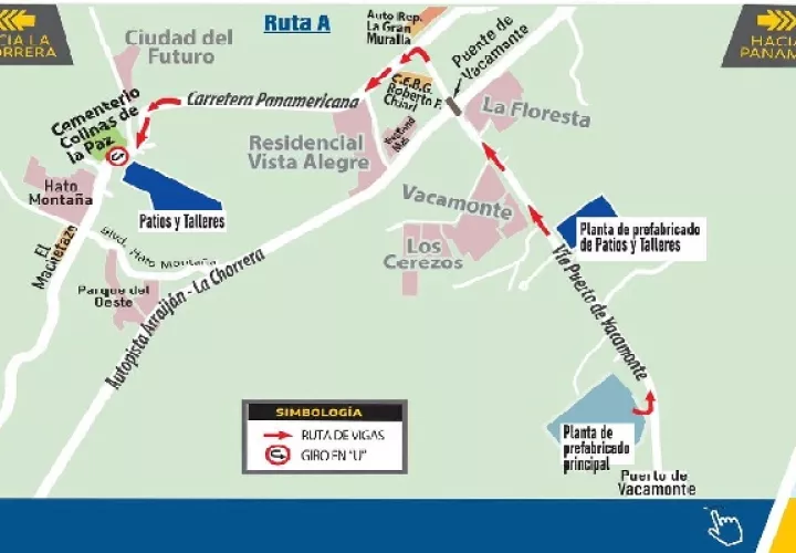 Gráfico sobre la Ruta A, para el movimiento de las vigas y material de la Línea 3 del Metro. 