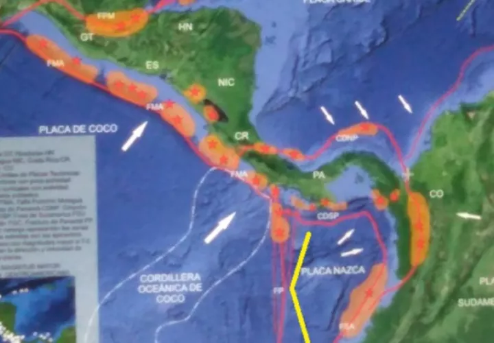 La zona de la fractura de Panamá, ubicada mayormente en  el fondo del océano, está integrada por al menos  cuatro fallas mayores. Cortesía