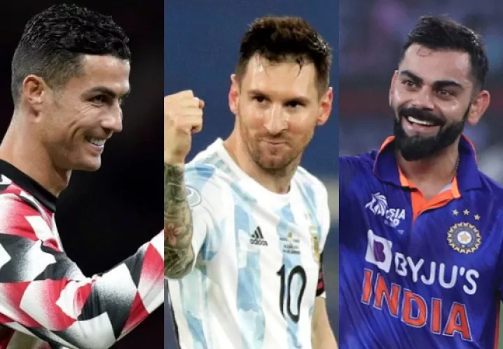 Cristiano Ronaldo, Lionel Messi y Virat Kohli. Fotos: Archivo / ICC / Twitter