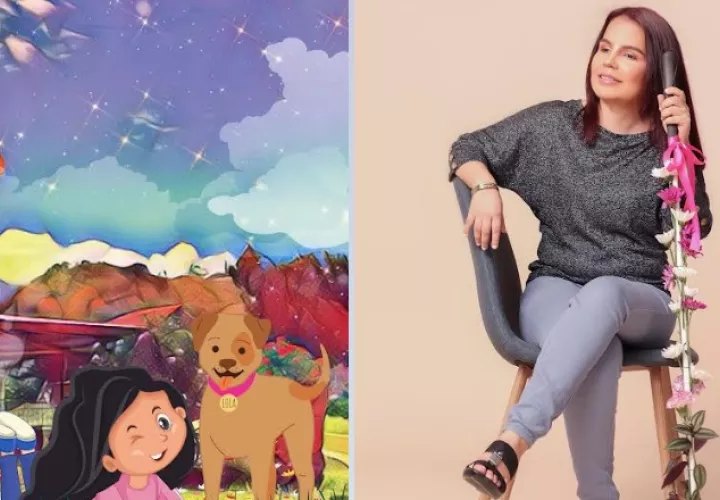 La autora junto a una imagen del libro.  Cortesía