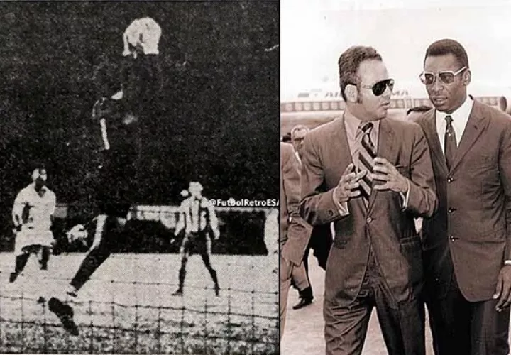 Pele el día del juego en Panamá (izq.) y con Edmundo Vargas. Foto: Club Deportivo Atlético Marte
