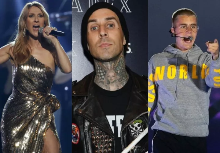 Céline Dion, Travis Barker (de Blink-182) y Justin Bieber. Fotos: Archivo