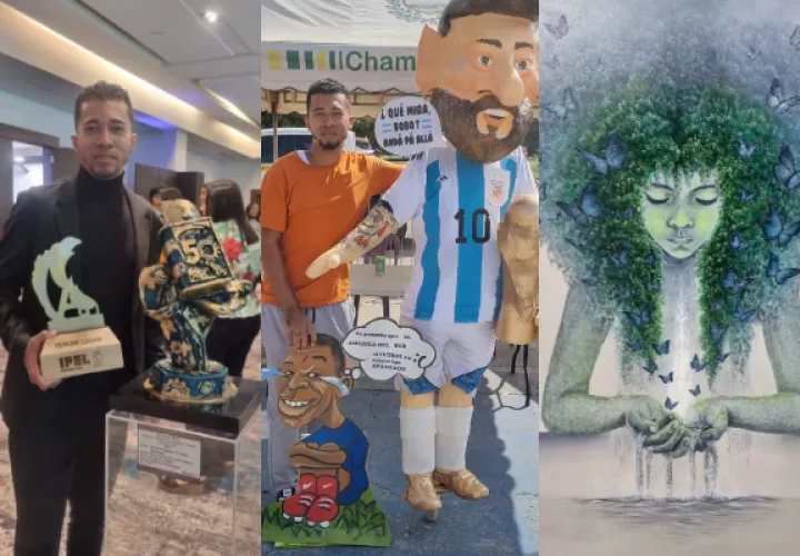 Víctor Álvarez, artista plástico, y algunas de sus obras. Fotos: Cortesía