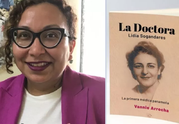 Vannie Arrocha junto a la portada de su libro. Fotos:  Cortesía/Vannie Arrocha
