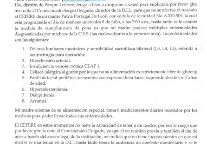 Carta de la hija de Patria Portugal al director del Sistema Penitenciario. 