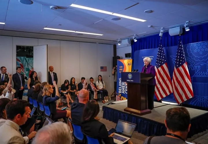 Rueda de prensa de la secretaria del Tesoro de Estados Unidos, Janet Yellen. Foto: EFE