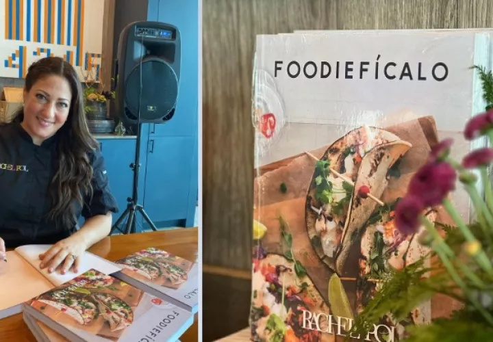 Rachel Pol y la portada de su libro. Foto: Cortesía