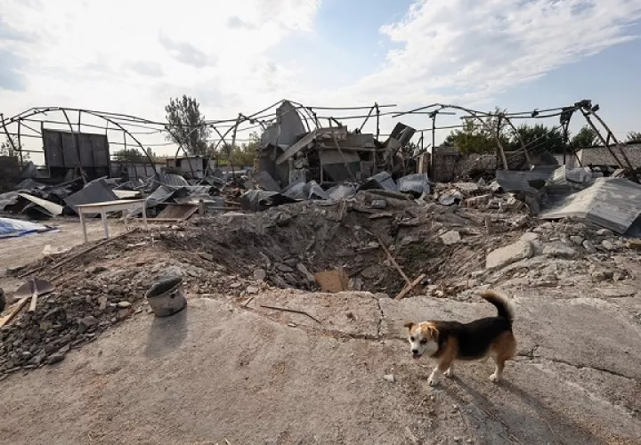 Un cráter provocado por un bombardeo en una granja cerca de la ciudad de Orikhiv, región de Zaporiyia. Foto: EFE