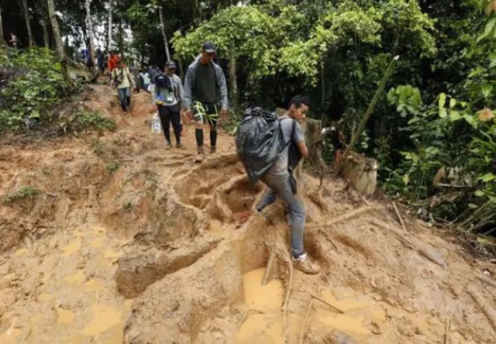 Migrantes suben una montaña con la intención de llegar a Panamá por el Tapón del Darién. Foto: EFE