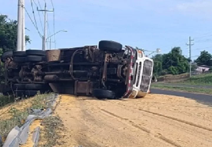 El camión que transportaba alimento terminó volcado en la vía hacia Guararé. Foto: Thays Domínguez