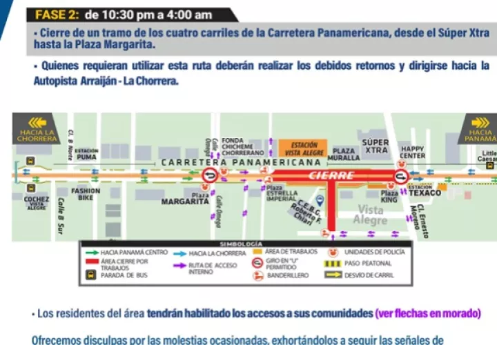 Por otro lado se informó que la fase 2 de los trabajos se realizará en un horario de 10:30 p.m. a 4:00 a.m.