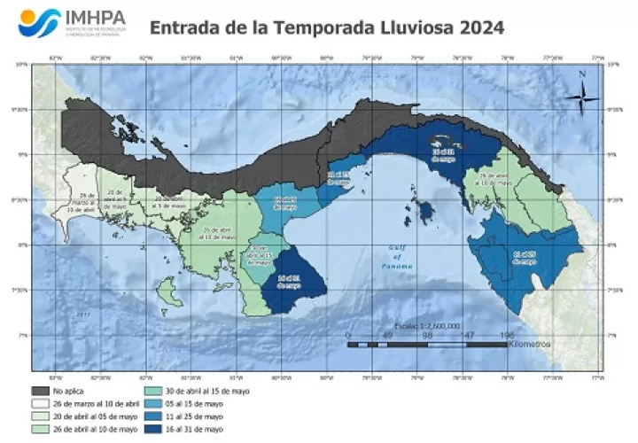 Mapa que indica como será el estreno de la estación lluviosa en el territorio nacional. Imagen del IMHPA