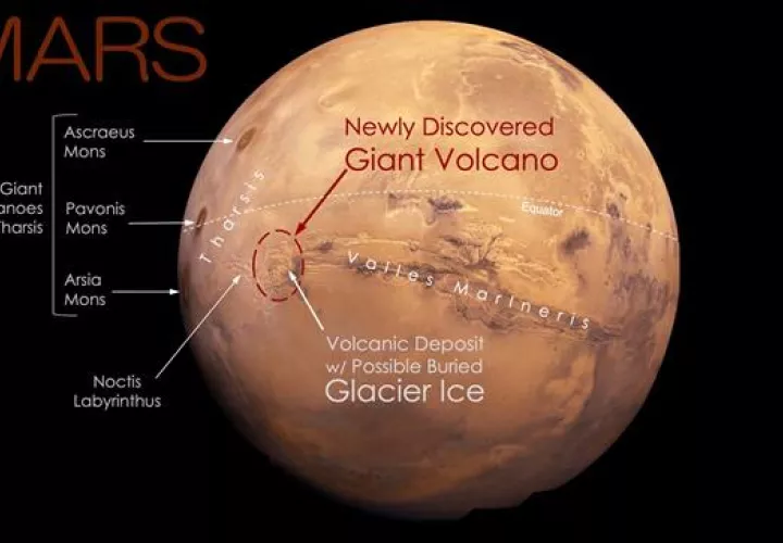 Imagen de Marte en la que se señala la localización del volcán ahora descubierto.