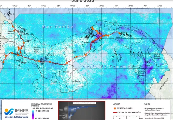 Mapa de descargas eléctricas atmosféricas correspondiente a julio de 2023, uno de los meses con mayor actividad. 