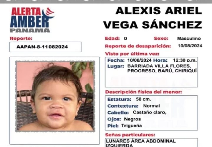 El pequeño mide 50 centímetros, es de contextura normal, tiene cabello castaño claro, ojos negros y es de piel trigueña. Foto. PGN