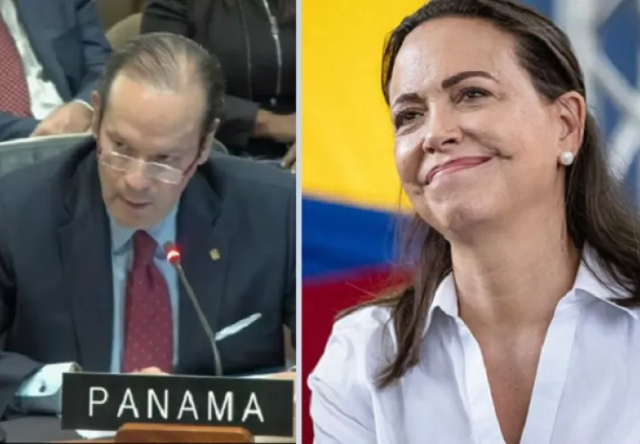 El canciller de Panamá Javier Martínez-Acha y la dirigente opositora María Corina Machado. Fotos: EFE/Youtube
