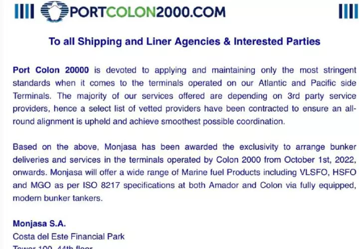 Colón 2000 comunica a sus clientes la exclusividad de Monjasa, del  servicios de búnker en las terminales operadas en esta terminal marítima. 