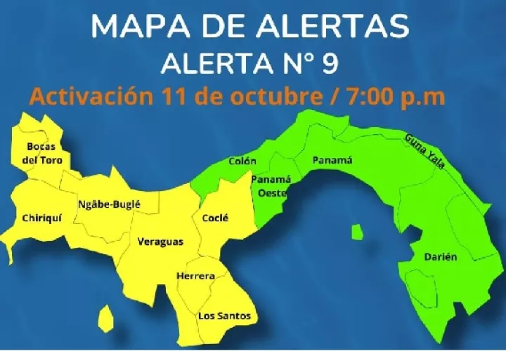 Mapa indicativo de las zonas del país en que la alerta se subió a lluvia. / Imagen de Sinaproc