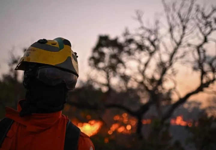 Un bombero trabaja para extinguir un incendio forestal en la Reserva Ecológica Contagem,en Brasilia. Foto: EFE